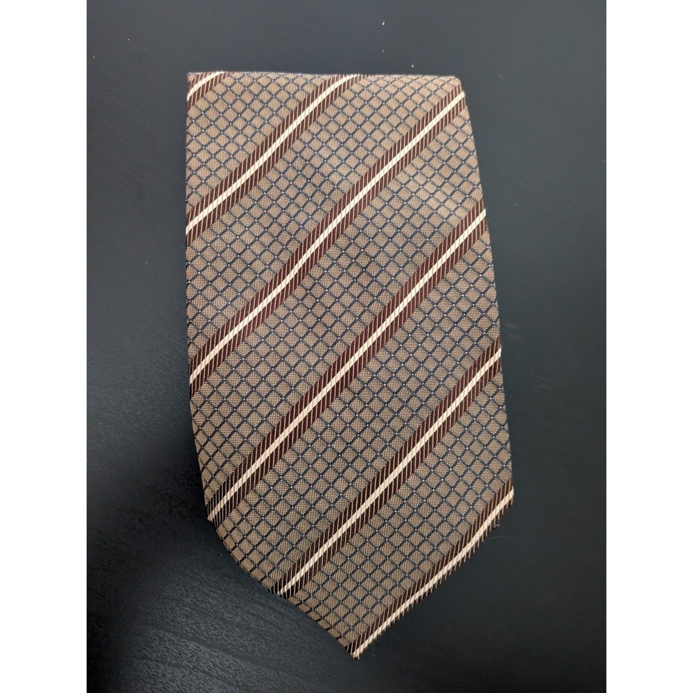 Vitaliano Pancaldi 100% Silk Tie Geometric Brown Gold Tam Stripe Check Italy 60"